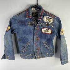 Vtg Wrangler Denim Kids Jacket Trucker Boys Sz 8 Vintage w Patches Rivets 70s