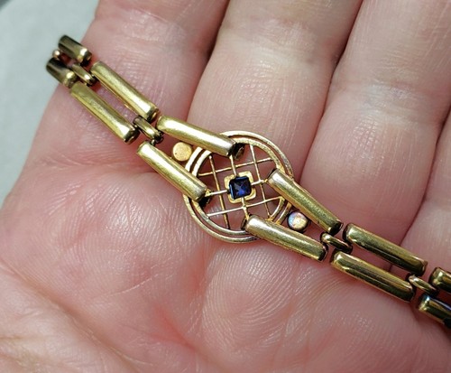 Pulsera antigua oro macizo 14K con piedra azul y diamantes talla rosa 8" - Imagen 2 de 12