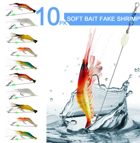 10x Luminous Fishing Lure Bait Artificial Shrimp Lures Soft Hook Prawn Bait Kit - Picture 1 of 10