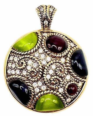 Lia Sophia Galactic Green/Purple Crystals, Glass Cat's Eye Round Pendant Slide