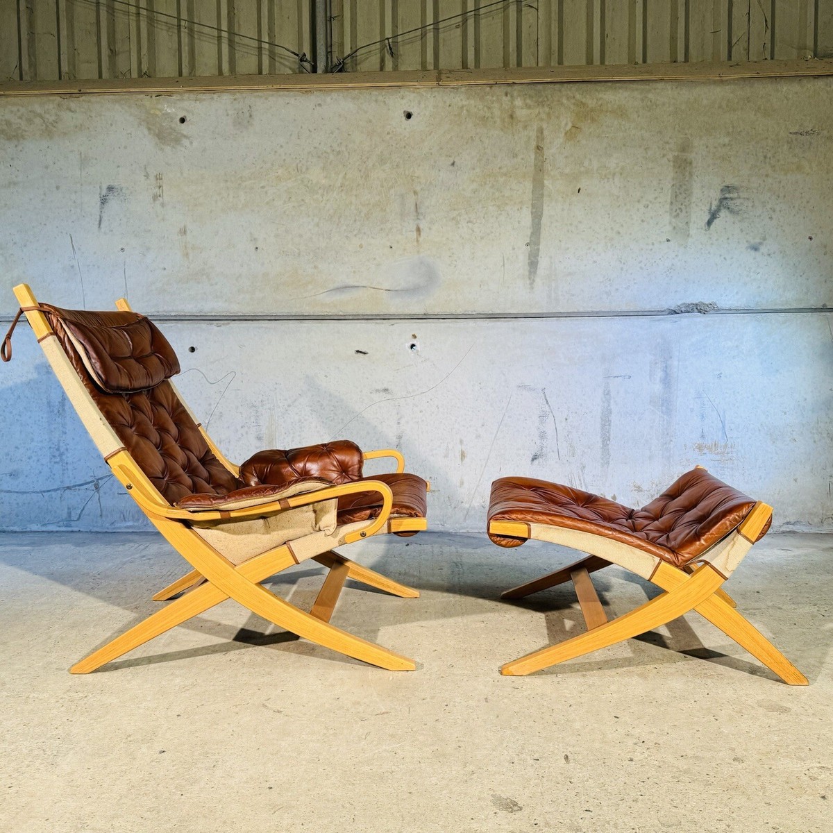 Stylish Swedish 70s Tan Leather And Canvas Armchair and Footstool