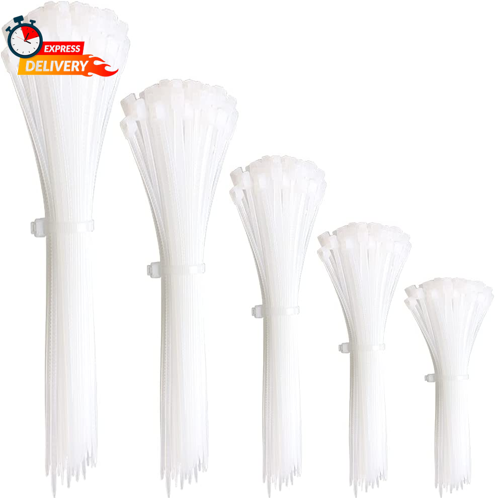 300Pcs White Zip Ties Assorted Sizes 4/6/8/10/12 Inch Clear Plastic