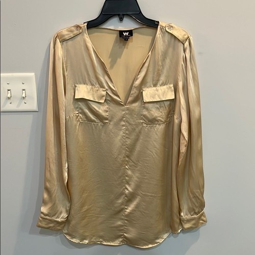 W by Worth Silk Blouse S Gold V-Neck Pocket Shirt Long Sleeve Work Top