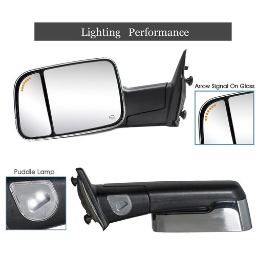 Towing Mirrors For 2009-18 Dodge Ram Power Heated Arrow Lamp Temp Sensor Chrome - Picture 4 of 12