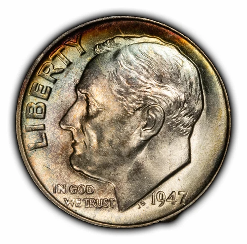 1947 10c Roosevelt Silver Dime - UNC - Luster - Gorgeous Rainbow Toning - Y4559