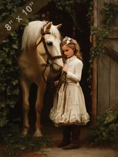Victorian girl brushing pony by ivy-draped barn 8x10 Matte Print