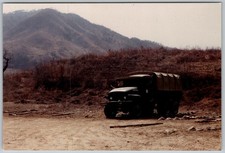 Vtg B W Snapshot US Army Military Cargo Truck Parked in Mountainous Landscape