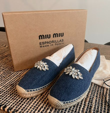 MIU MIU Women's Blue Crystal-Embellished Canvas Espadrille Shoe NEW US 8/ EU 38