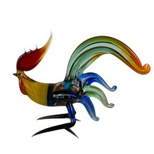 Vintage Hand Blown Glass Yellow Red Blue & Green Fighter Rooster Figurine