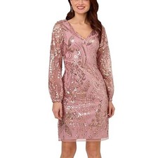 Adrianna Papell Women's Sequin Blouson-Sleeve Sheath Cocktail Dress Pink Wedding