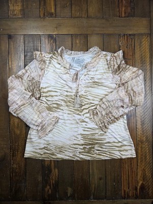 Womens Cupio Cream Tan Pink Animal Print V-Neck Tie Ruffle Sheer Sleeve  Blouse