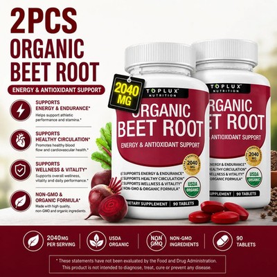 2 BOTTLES--NEW TopLux Organic Beet Root 2040mg  Energy Circulation & Antioxidant