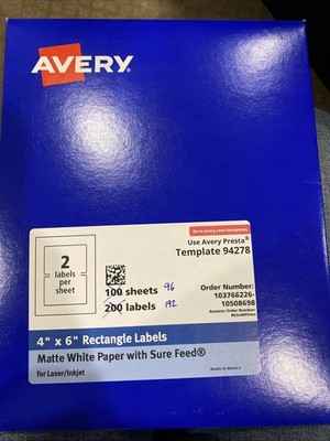 Avery  Matte White Rectangle Labels, 192 count of 4''x6'' Shipping Labels