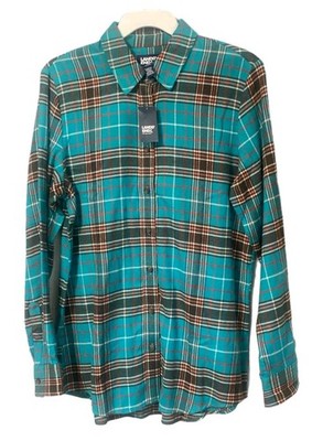 Lands End Womens Boyfriend Flannel, Spa Blue/Wood Plaid, XS, S, NWT SHIPS FREE