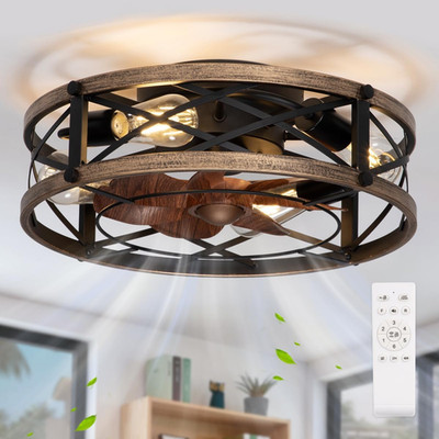 Rustic Farmhouse Caged Ceiling Fan with Light & Remote, 6 Speeds, Low Profile