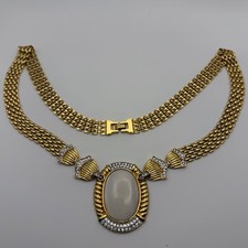 Vintage Butler Fifth Avenue Gold Tone Rhinestone White Cabochon Necklace Signed