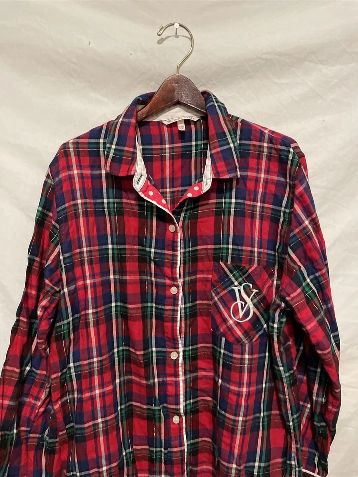 Victoria Secret Pijama Top Franela Camisa para Dormir Talla S ROJO Cuadros Logo Bolsillo Foto 2 de 4