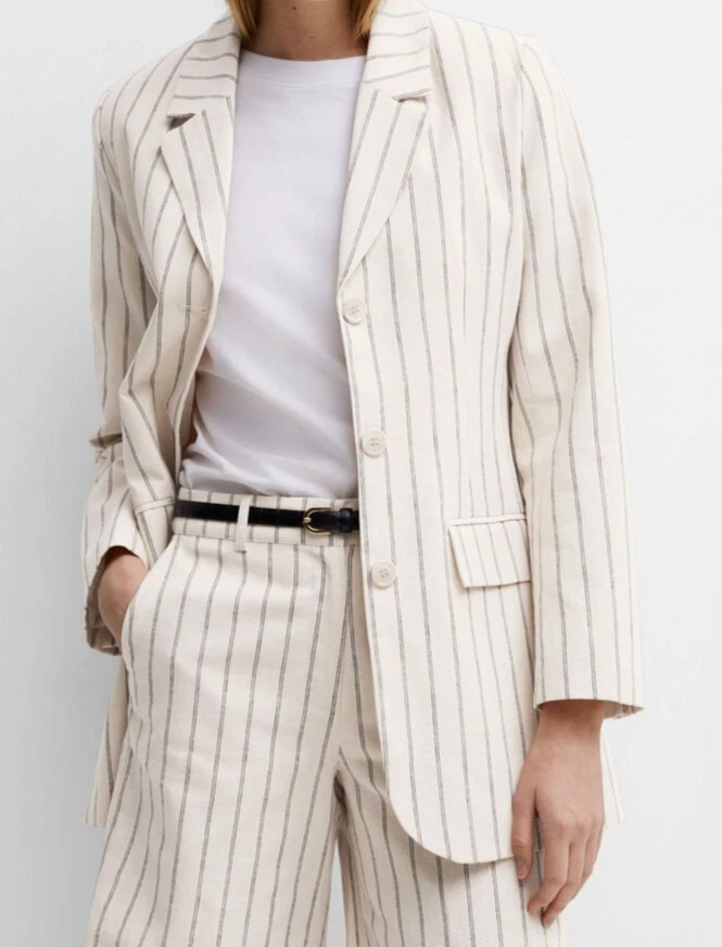 SELECTED Femme Pinstripe Blazer Womens Size 38/12 Single Breasted Organic Linen - Image 3 of 4