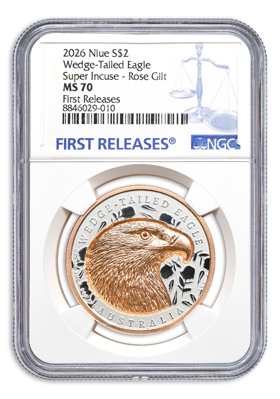 2026 Niue 1 oz Silver Wedge-Tailed Eagle Rose Gilt Super Incuse NGC MS70 FR