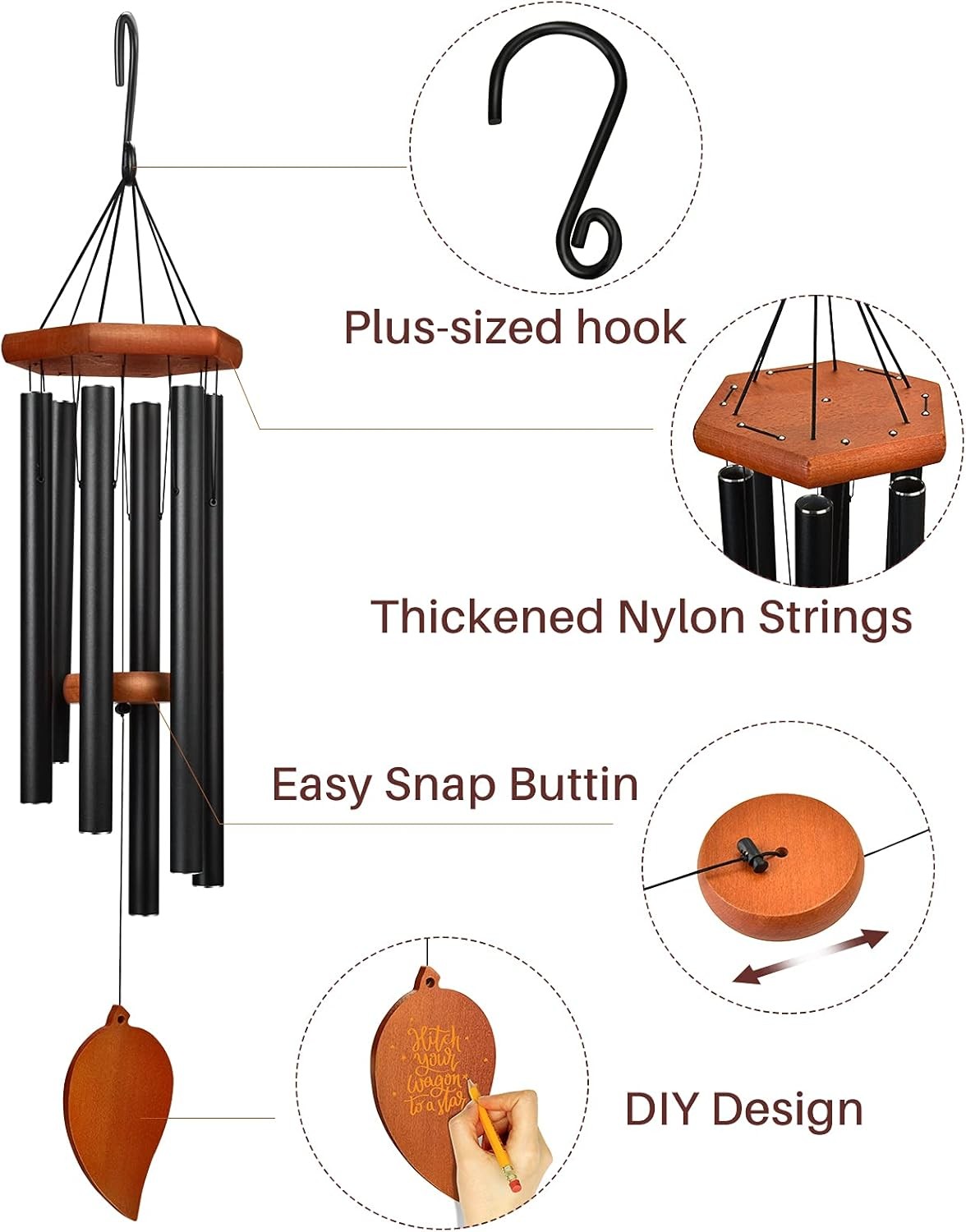 38" Deep Tone Memorial Wind Chimes, 6 Thick Tubes & Hook, Outdoor Decor
