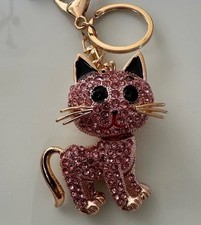 Gold Pink Crystal Black Cat Keychain Bag Charm Sparkle Bling 4 Kitten NEW