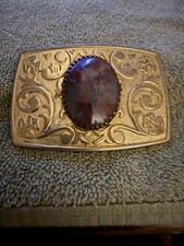 Vintage Red Ruby Style Jeweled Belt Buckle Ornate Western. Gold Color. Unmarked