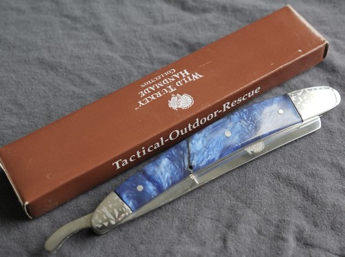 Maquinilla de afeitar recta OG vintage acabado cromado mango azul profundo peluquero afilado - Imagen 2 de 4