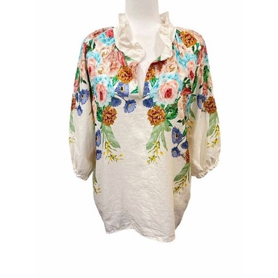Kaktus Italy 100% Linen Floral Notched Ruffle V-Neck Tunic Top Womens Large