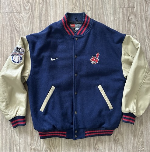 Vintage 90s Nike MLB Cleveland Indians Wool Letterman Button Up Jacket Size L