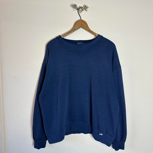 1990s Vintage Faded Distressed Russell Athletic Blank Navy Blue Sweatshirt Large