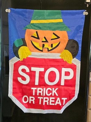 Vintage N.C.E. Halloween Outdoor House Flag Pumpkin STOP TRICK OR TREAT 28 x 39 