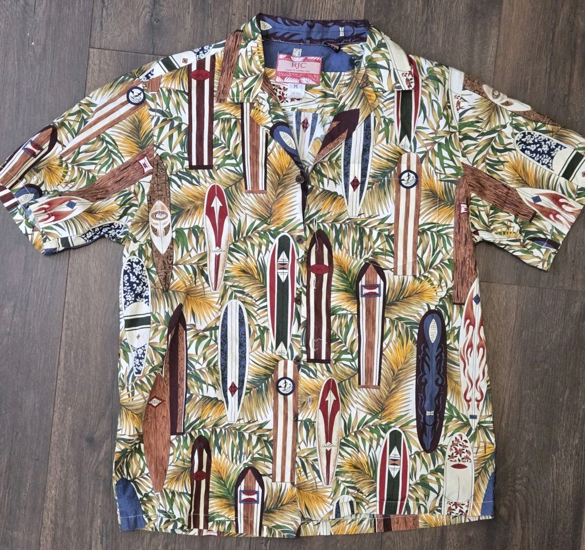 Vintage RJC Hawaiian Shirt Mens Medium All Over Print Surfboard 
