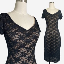 Vintage Y2K Wet Seal Black sheer floral lace sheath midi dress gothic grunge XS