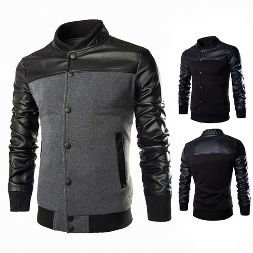 Herren Pu Leder Slim Fit Freizeit Jacke Baseball Mantel Slim Outwear Mantel Tops - Bild 2 von 12