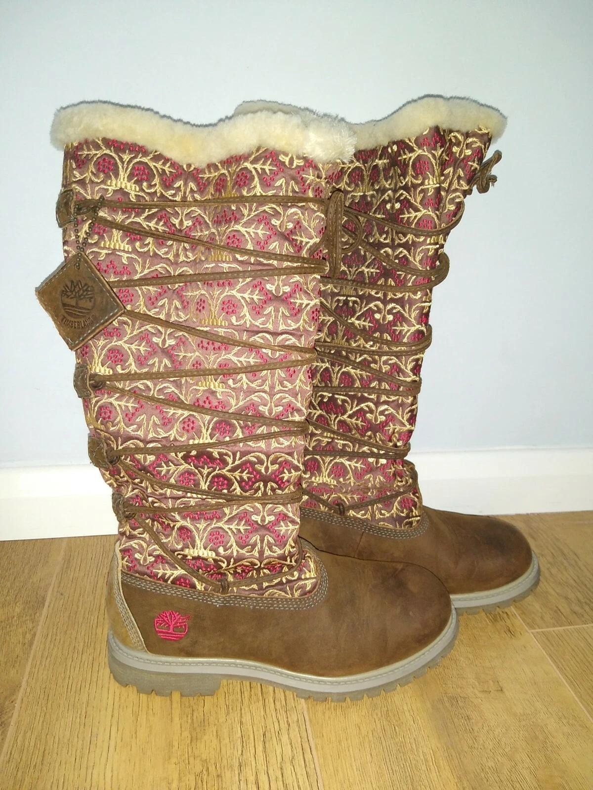 Timberland stivali lunghi da donna pelle marrone rosso oro pelliccia rari allacciatura limitata uk4