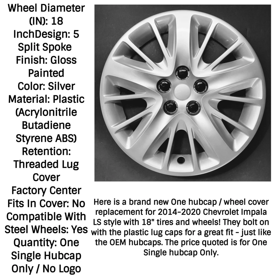 One Wheel Cover Hubcap Fits 2014-2020 Chevrolet Impala Style 18" Silver 472-18S Foto 4 de 4