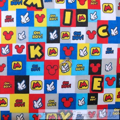 BonEful Fabric FQ Flannel Cotton Quilt VTG Red White Blue B&W Mickey Mouse Block