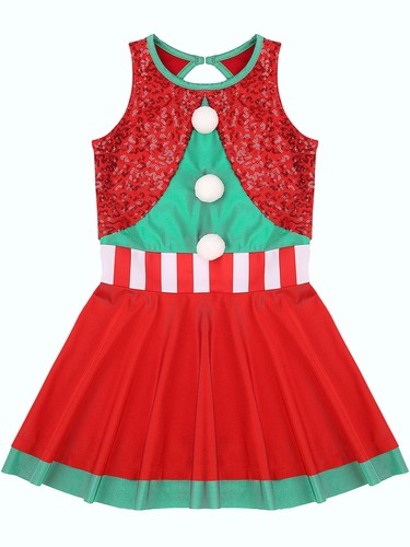 Kids Girls Christmas Santa Elf Dance Costumes Sequins Sleeveless Ballet Dress - Bild 14 von 38