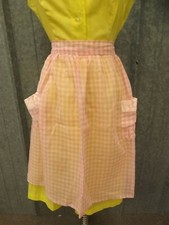 Soft Flowy Semi Sheer Pink White Checker Lace Trim Kitchen Hostess Half Apron