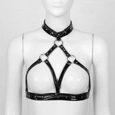 Women's Erotic Lingerie PVC Leather Open Cup Bras Tops Sexy Halter Neck Bralette