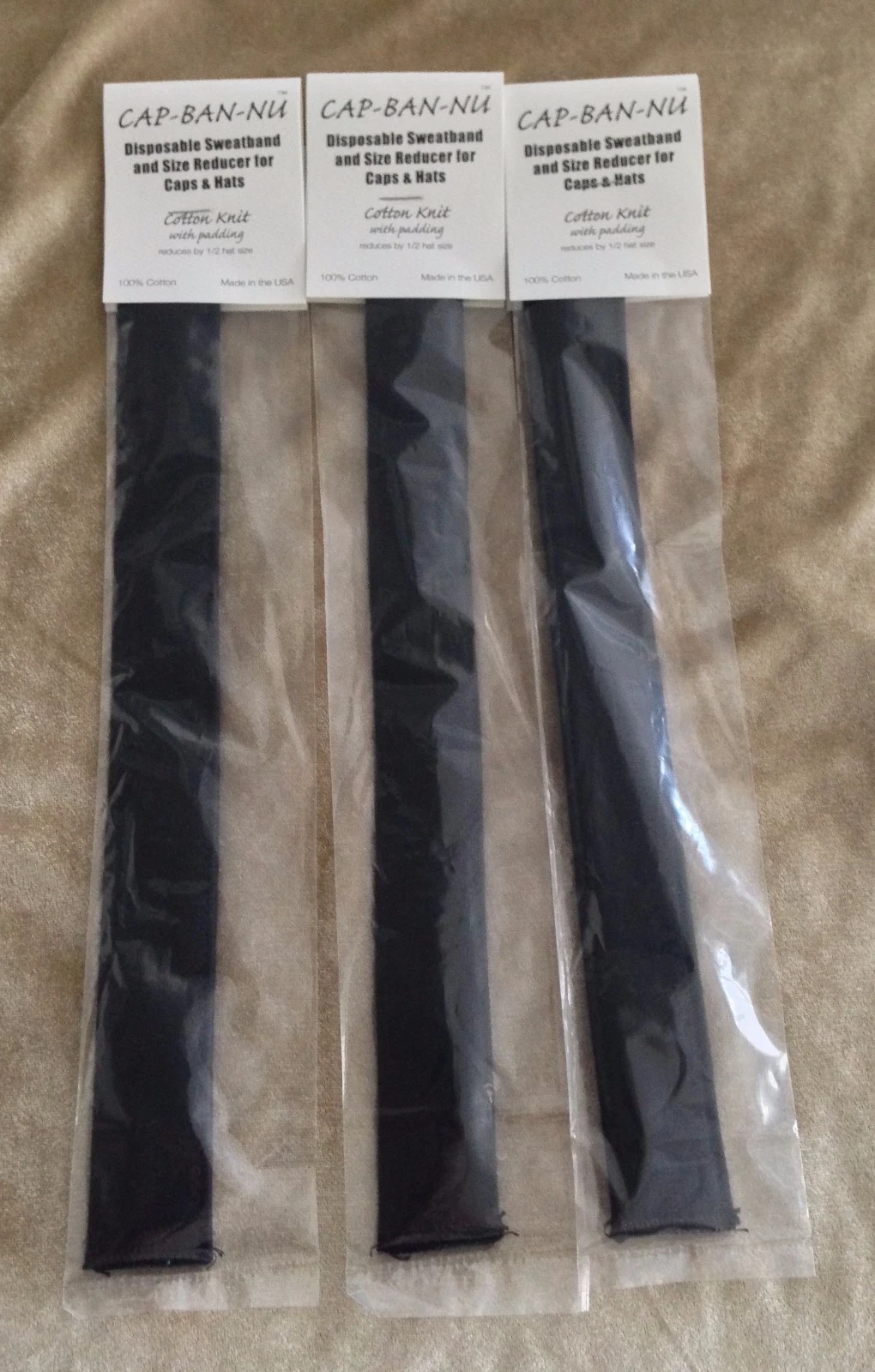 Cap Ban Nu 1/2 Hat Cap Size Reducer Insert BLACK Cotton Knit w Padding 3 Pack