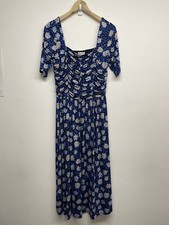 Jigsaw Midi Dress Size M Black Blue Floral Ruched Top Square Neck Short Slv 006