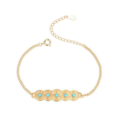 Damen chinesisch gebunden antike Münzen Kunsttürkis vergoldet Kettenarmband - Bild 1 von 4