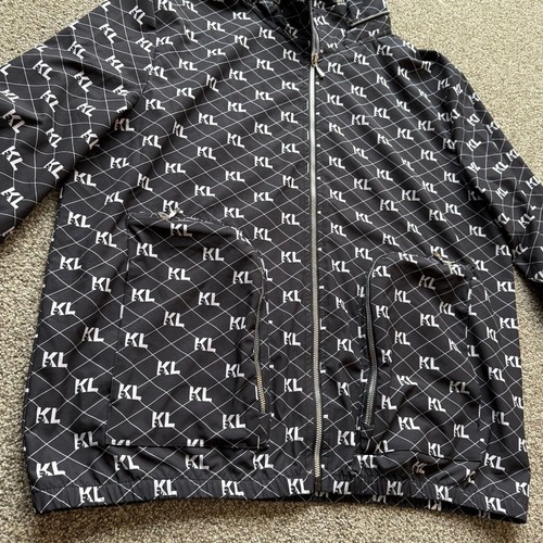 KARL LAGERFELD PARIS ALLOVER PRINT LOGO HOODED JACKET BLACK LARGE - Picture 2 of 11