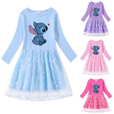 Kinder Mädchen Stich Sterne Tüll Kleid Langarm Prinzessin Party Fancy Tutu Kleid