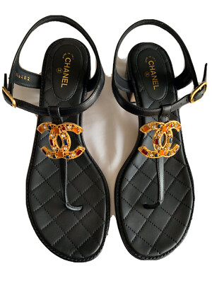 Chanel  Lambskin  Jewel Thong Sandals Shoes  Black CC 22S Size 40 NEW 2022