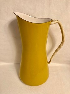 DANSK KOBENSTYLE YELLOW ENAMELWARE PITCHER WITH WRAPPED RATTAN HANDLE, HAS FLAWS