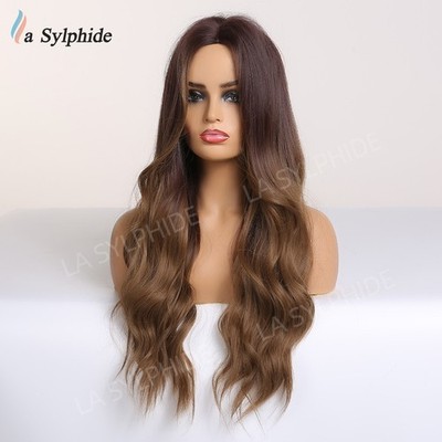 Brown Ombre Middle Part Long Wavy Curly Wig Synthetic Natural Full Head Wig for
