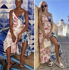$180 Farm Rio Dual White Prints  Wrap Dress SM Floral Ruffle Hem Beaded Tassels
