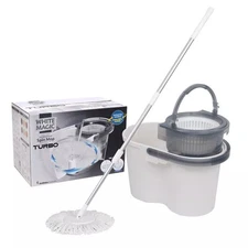 White Magic Turbo Microfibre Spin Mop Hand Press w/ Bucket